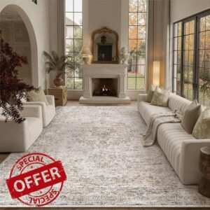 HUGEAR Area Rugs 8x10 Machine Washable for Living Room Retro Beige Large Bedroom Vintage Rug Carpet Low Pile Non Slip No Shedding Soft Durable Indoor Dining Room Home Decor Floor Ma