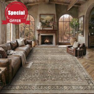Schweek 8x10 Washable Area Rug Brown Neutral Vintage Distressed Rugs Large Non-Slip Living Room Area Rugs