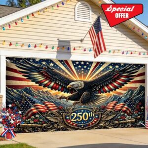 American 250 Years of Freedom Gargae Door Banner 4th of July American 250 Birthday Decoration 250th Independence Anniversary Garage Door Cover Decor for Independence Day Patriotic Outdoor 16X7FT