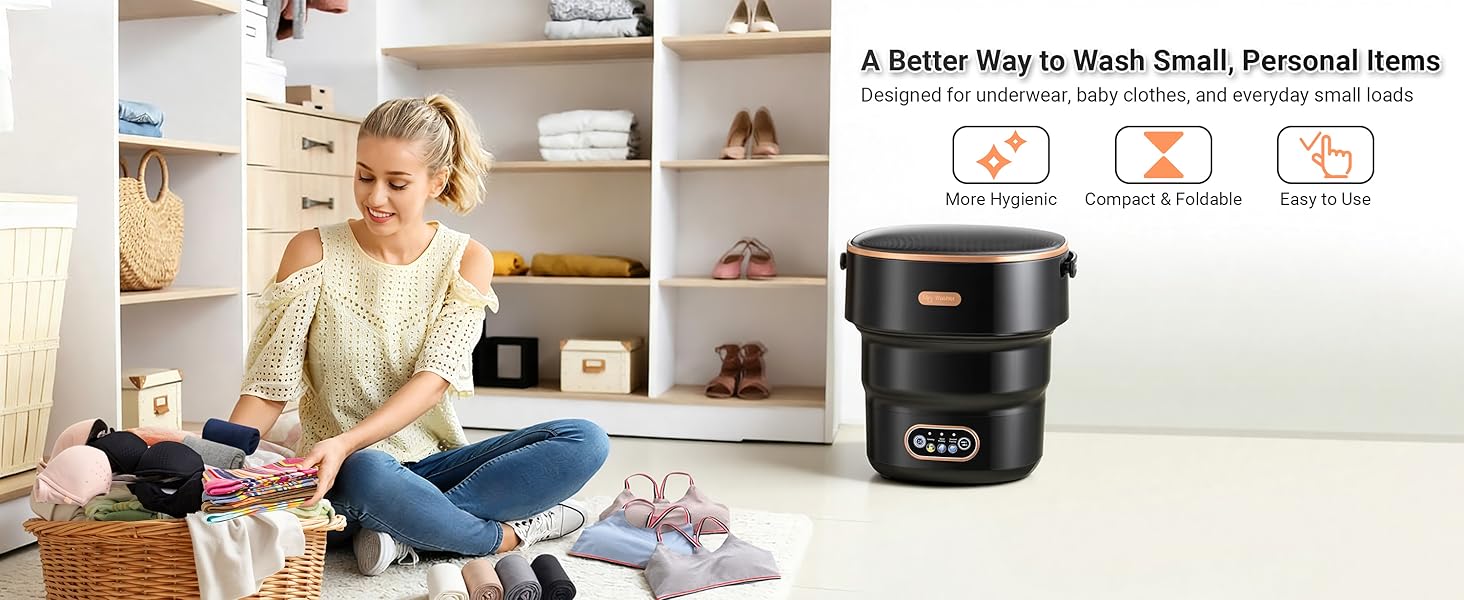 Compact foldable washing machine for underwear and baby clothes in a home laundry room setting.