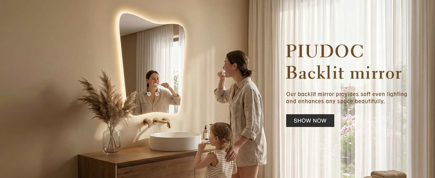 Backlit Bathroom Mirror, Frameless LED Vanity Mirror with Lights, Dimmable Anti-Fog,