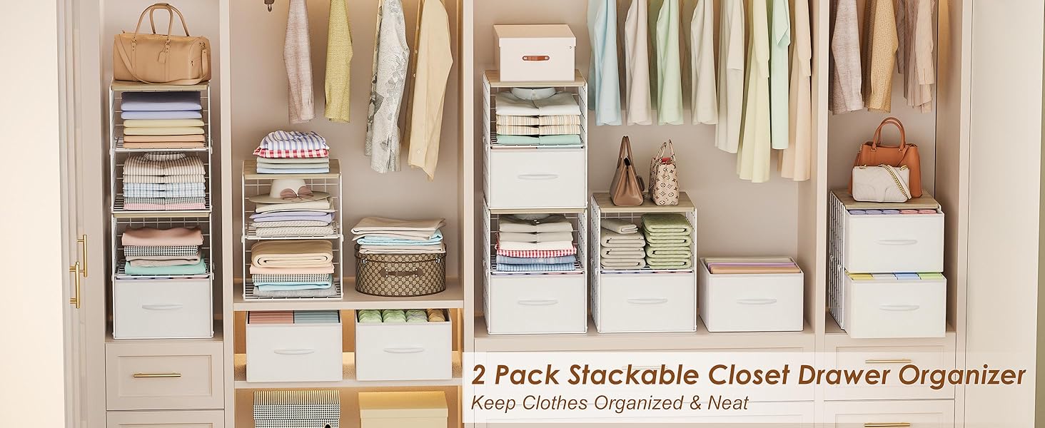 2 Pack Stackable Storage Drawers, Closet Organizers and Storage Shelves