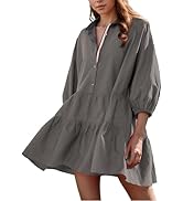 HangNiFang Women's Summer Babydoll Mini Dress Flowy Puff Sleeve Tiered Button Down Oversized Tuni...