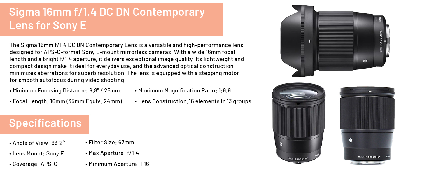 Sigma 16mm f/1.4 DC DN Contemporary Lens for Sony E
