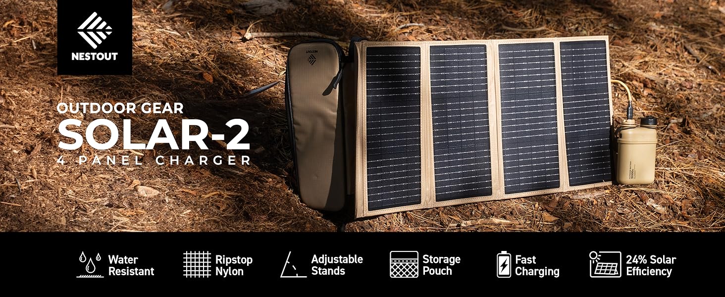 nestout 4-panel solar charger on the ground facing the sun with 15000mah battery plugged in
