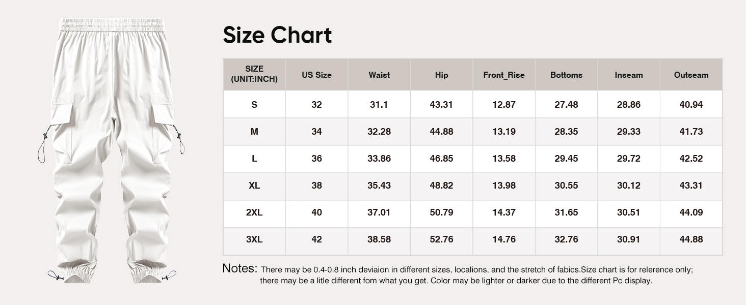 Mens parachute cargo pants size chart standard waist inseam hip measurements guide XS to 4XL