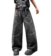DFGIGT Mens Wide Leg Baggy Jeans Hip Hop Floral Embroidered Casual Loose Fit Skater Denim Pants S...