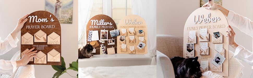 Personalized wooden prayer boards with family names, clips and envelopes