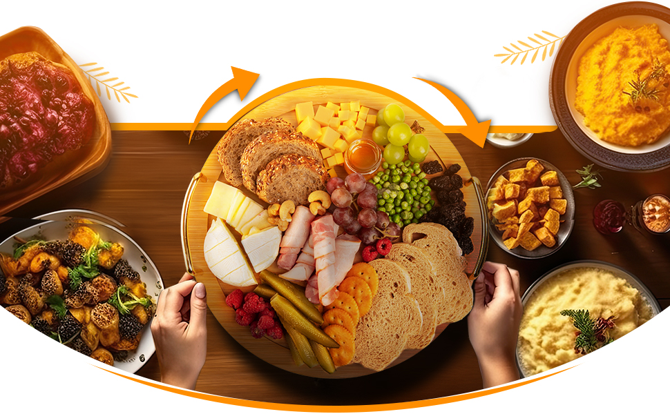 key features of handles, ceramic bowls with lids, rotatable base