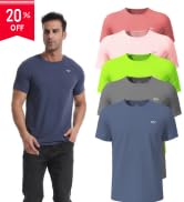 Product display of multiple t-shirts in various shades including coral and gray colors. Text reads '20% OFF'.