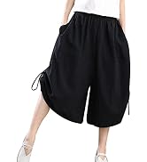 Gihuo Womens Cotton Slacks Knee Length Culottes Elastic Waist Cropped Trousers Wide Leg Capris