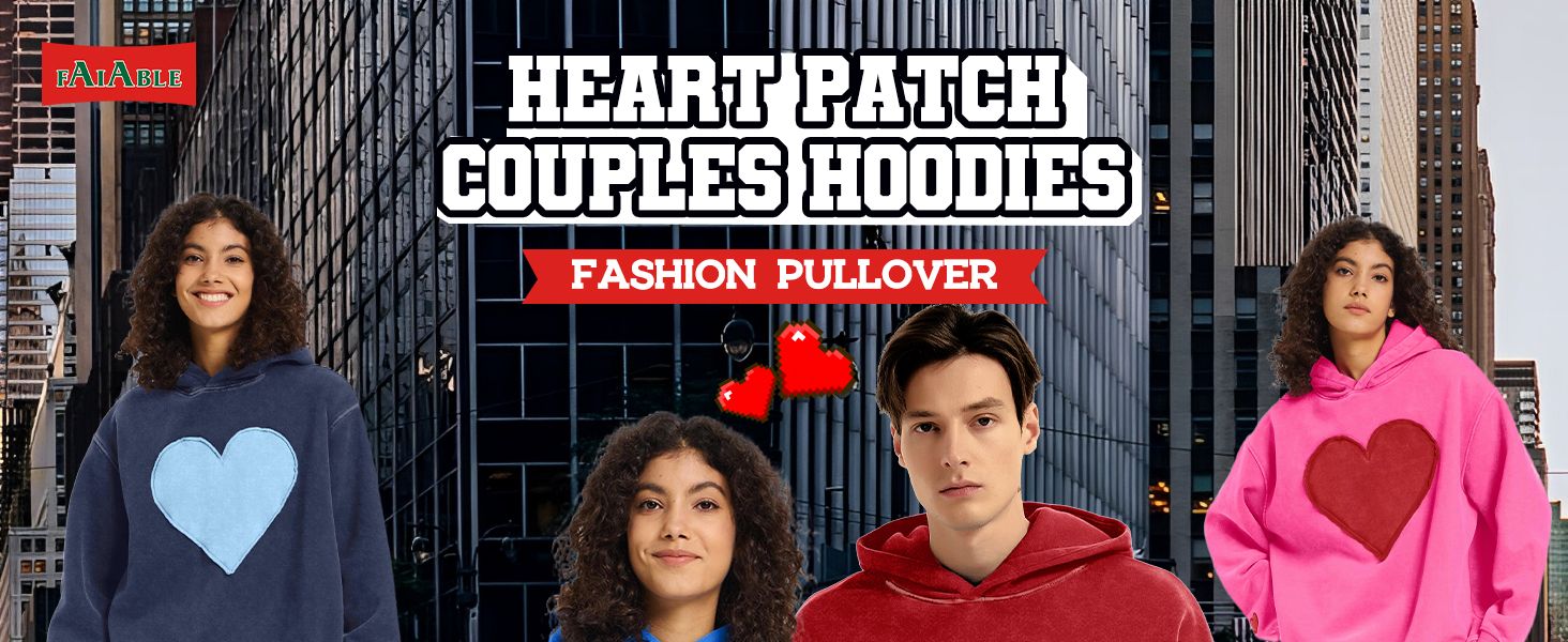 FAIABLE Womens Oversized Hoodie Heart Patch Couples Hoodies Sweatshirts