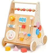 Pillowhale Wooden Baby Walker, Baby Push Walker with Montessori-Inspired Activity Center, Brake-A...