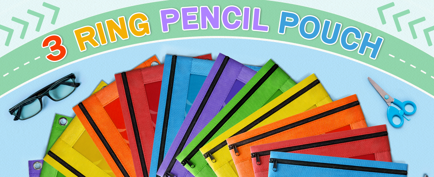Pencil Pouch for 3 Ring Binder, Pencil Pouches with Zipper & Clear Window - 6 Assorted Color