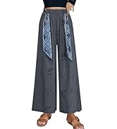 HangNiFang Floral Wide Leg Linen Pants for Women Yoga Boho Palazzo Silk Scarf Belt Pants with Poc...