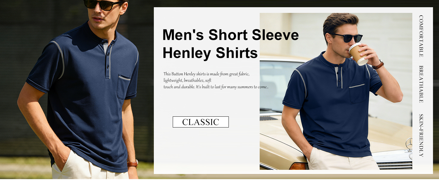Mens Henley Shirt Short Sleeve T-Shirt Casual Pullover Summer Lightweight Tee Shirts with Button