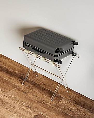 Sumerflos Acrylic Luggage Rack for Guest Room - Foldable Suitcase Stand with Leather Straps for B...