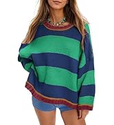 Aisongyuan Womens Cute Colorful Sweater Knit Striped Crewneck Long Sleeve Loose Pullover Swaters ...