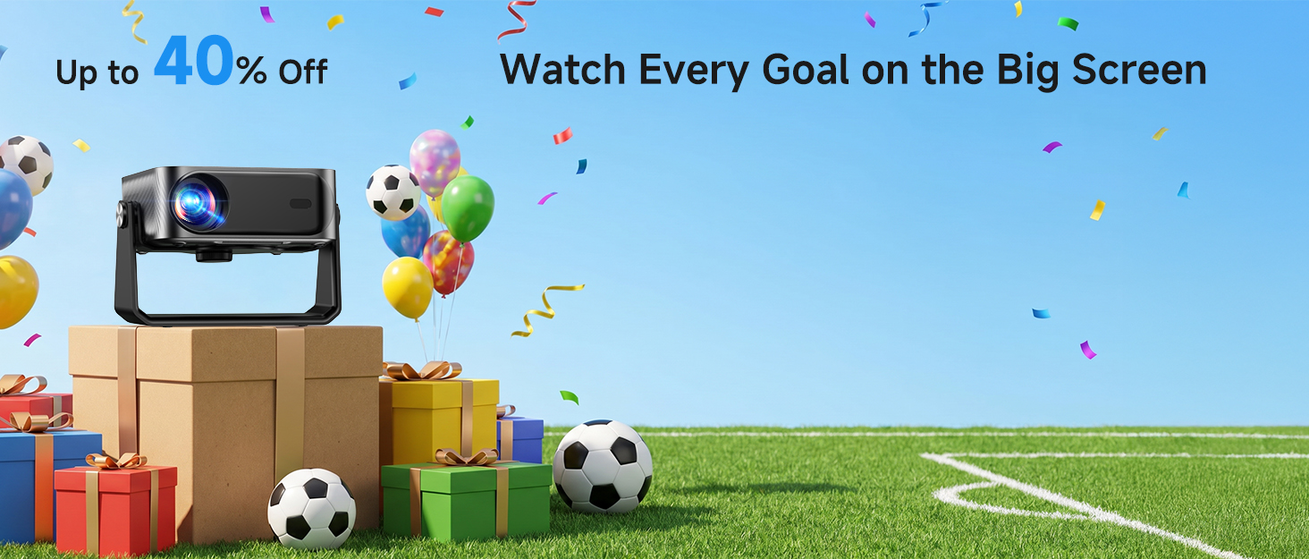 Text reads 'up to 40% off' and 'Watch Every Goal on the Big Screen.' Promotional banner with sports equipment, soccer ball, streaming devices on blue background.