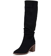 Huiyuzhi Womens Pointed Toe Mid Chunky Heel Side Zipper Knee High Boots Tall Booties