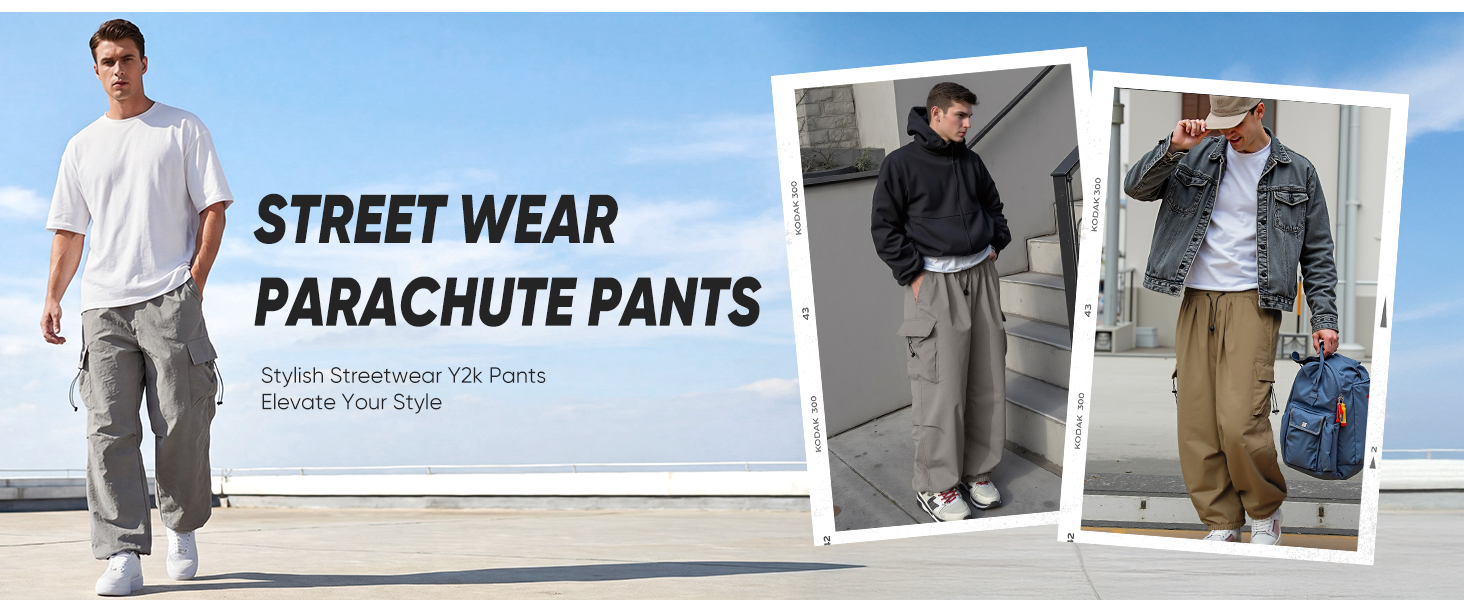 Lightweight windproof mens parachute pants woven tech polyester fabric opaque cargo trousers
