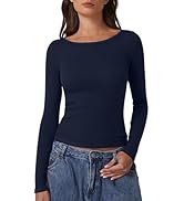 QINSEN Cotton Long Sleeve Shirts for Women Crewneck Rib Knit Slim Fit Going Out Tops Casual Basic...