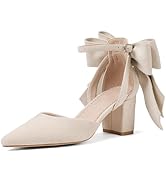 Yremael Women's Black Pointed Toe Pumps Bow Ankle Strap Chunky High Heels Dress Wedding Shoes