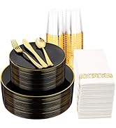 Supernal 350PCS Clear and Gold Plastic Dinnerware Set Include Clear Disposable Plates, Gold Plast...