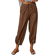HangNiFang Cotton Linen Capri Pants for Women High Elastic Waisted Drawstring Cropped Pants with ...