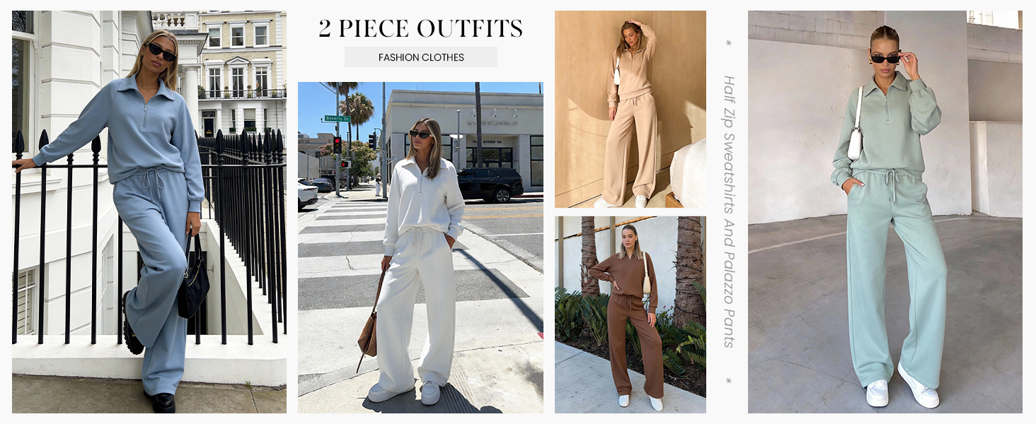 2 Piece Outfits Half Zip Sweatshirts And Palazzo Pants Tracksuit
