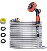 Rosy Earth 25ft Stainless Steel Garden Hose, Heavy Duty Metal Water Hose with 8 Functional Ultra-...