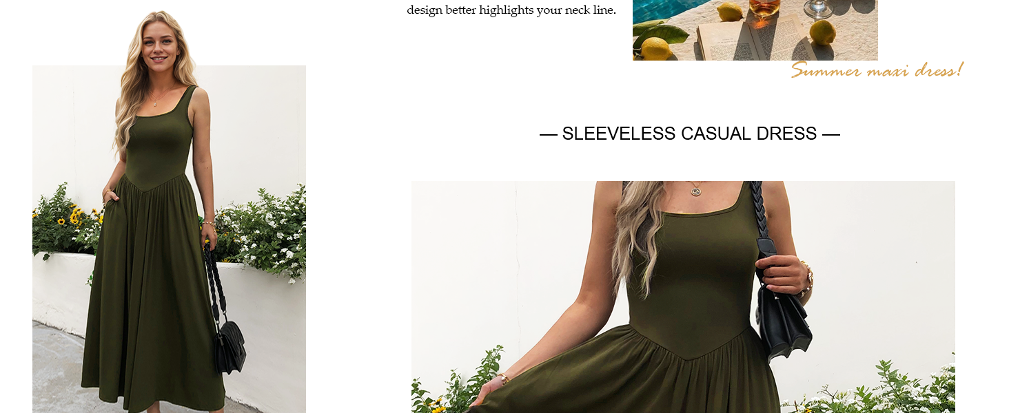 Women's Summer Maxi Dress 2025 - Sleeveless Square Neck Casual Beach Sundress with Pockets