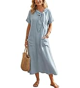 HangNiFang Women Summer Tie Neck Maxi Dress Short Sleeve Bow Tie Front Long Dress with Pockets
