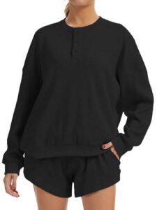 AnotherChill Women's Oversized Waffle Knit Lounge Set Long Sleeve Sweatshirt and High Waisted Shorts 2 Piece Casual Outfi