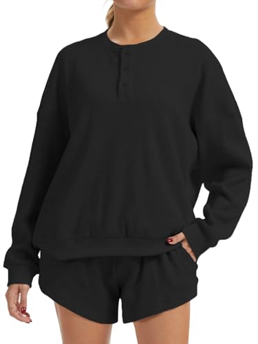 AnotherChill Women's Oversized Waffle Knit Lounge Set Long Sleeve Sweatshirt and High Waisted Shorts 2 Piece Casual Outfi