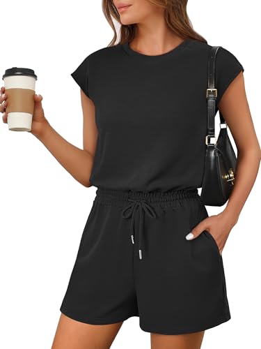 ANRABESS Rompers for Women Summer 2026 Casual Cap Sleeve Crewneck Drawstring One Piece Jumpsuit Outfits with Pockets