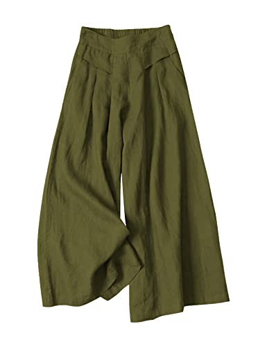 Gihuo Women' s Culottes Linen Blend Wide Leg Pants Elastic Waist Casual Palazzo Trousers with Pockets Capris