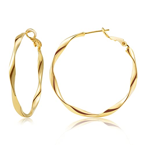 24K Gold Hoop Earrings for Women Trendy Real Gold Plated Twisted Thin Huggie Hoops
