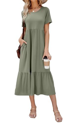 Summer Dresses for Women Flowy Maxi Sundress Short Sleeve Tiered Beach Dress with Pockets 2026 Vacation Travel
