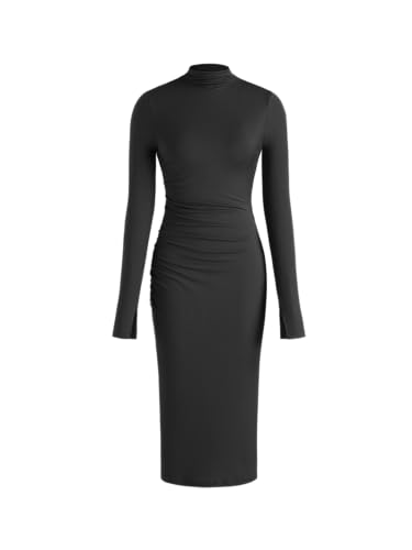 CIDER Long Sleeve Dress for Women High Neck Ribbed Knit Bodycon Ruched Midi Dress Cocktail Party Sweater Solid Dress