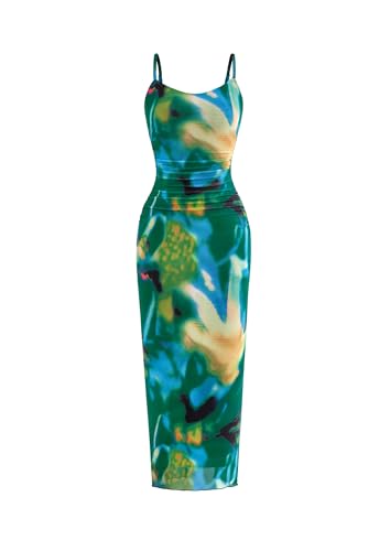 PRETTYGARDEN Summer Wedding Guest Dresses for Women 2026 Spaghetti Strap Mesh Bodycon Beach Vacation Floral Maxi Long Dresses