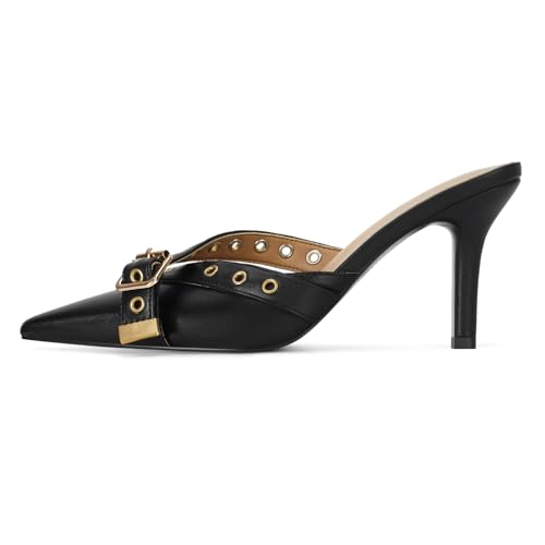 Dsevht Black Kitten Heels for Women Pointed Closed Toe Dressy Bow Heel Vintage Heeled Mules Sexy Pointy Studded Slip on Stiletto Pump Shoes