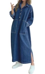 Womens Spring Fall Long Sleeve Denim Maxi Shirt Dress with Spli