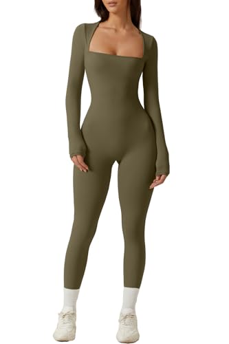 QINSEN Womens Sexy Square Neck Long Sleeve Full Length Leggings Bodycon Stretch Jumpsui