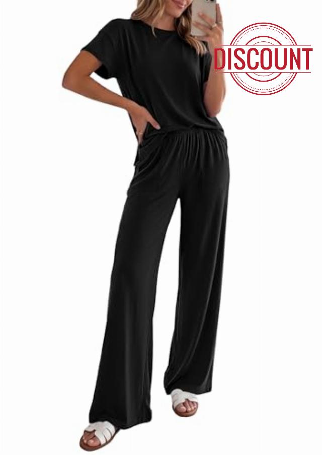 PRETTYGARDEN Women's 2026 Summer 2 Piece Matching Lounge Sets Short Sleeve Shirts Tops Wide Leg Pants Travel Airport Outfits