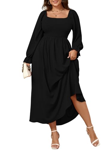 SHESTARR Women's Plus Size Maxi Dress Long Sleeve Square Neck Smocked Flowy A-Line Boho Wedding Party Maxi Dress
