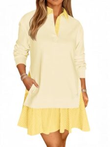 Wenrine Womens Oversized Sweatshirt Dress Casual Long Sleeve Collared V Neck Patchwork Loose Mini Dresses