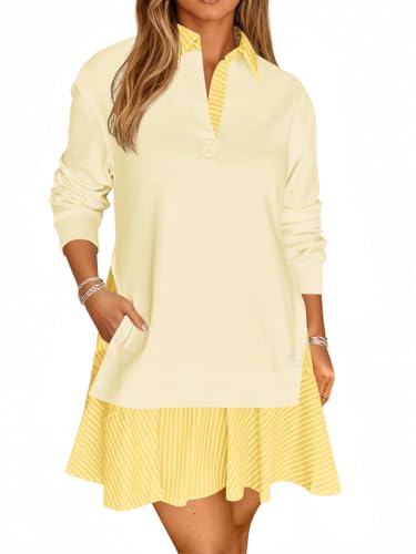 Wenrine Womens Oversized Sweatshirt Dress Casual Long Sleeve Collared V Neck Patchwork Loose Mini Dresses