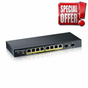 Zyxel 8 Port PoE Switch | Smart Managed | Gigabit Network Ethernet Switch | 8X GbE PoE+ with 77W Budget + 2X SFP GbE Slots | Desktop or Wall Mount | Fanless | Power Adapter Included | GS1900-10HP
