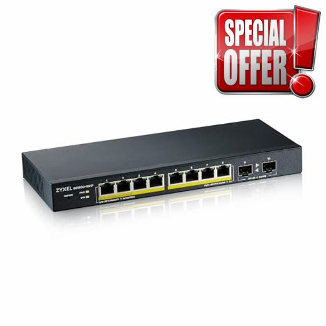 Zyxel 8 Port PoE Switch | Smart Managed | Gigabit Network Ethernet Switch | 8X GbE PoE+ with 77W Budget + 2X SFP GbE Slots | Desktop or Wall Mount | Fanless | Power Adapter Included | GS1900-10HP